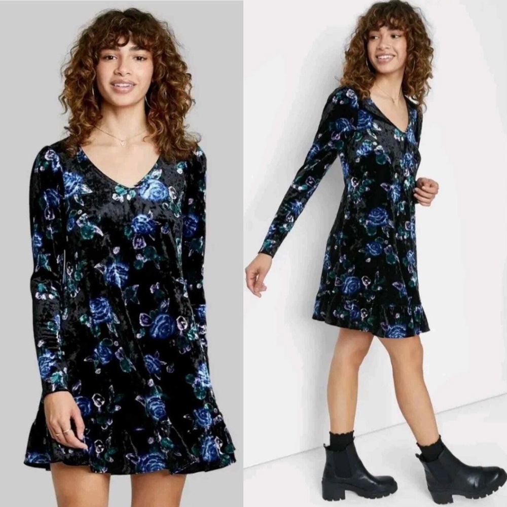 Wild Fable Floral Print Long Sleeve Velvet Drop Hem Swing Dress Black Blue XXL